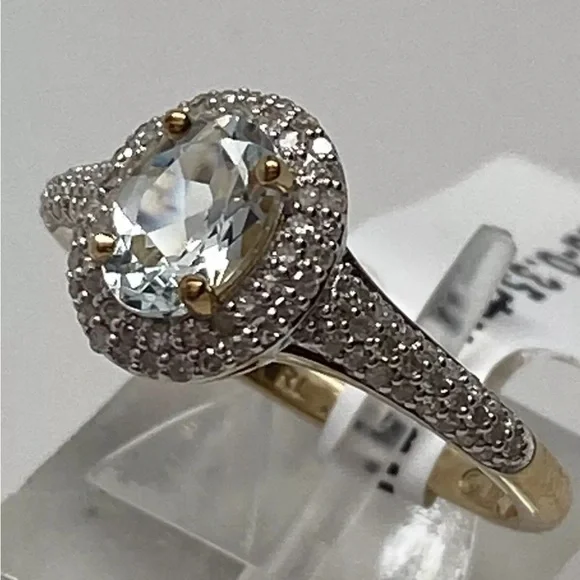 10K Yellow Gold Natural Aquamarine and 0.35ct twt Diamond Ring Size 7 New March
